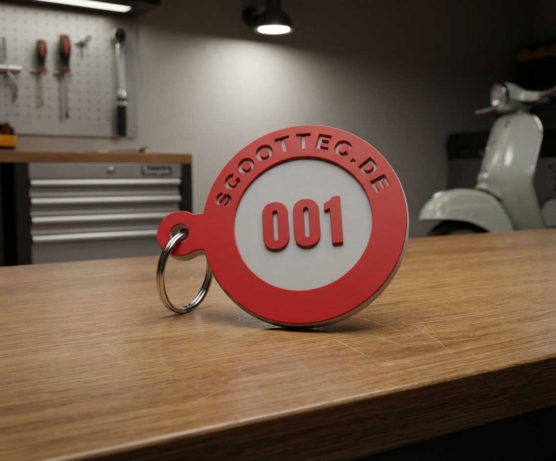 Scooter tag no. 001 with key ring on a workbench